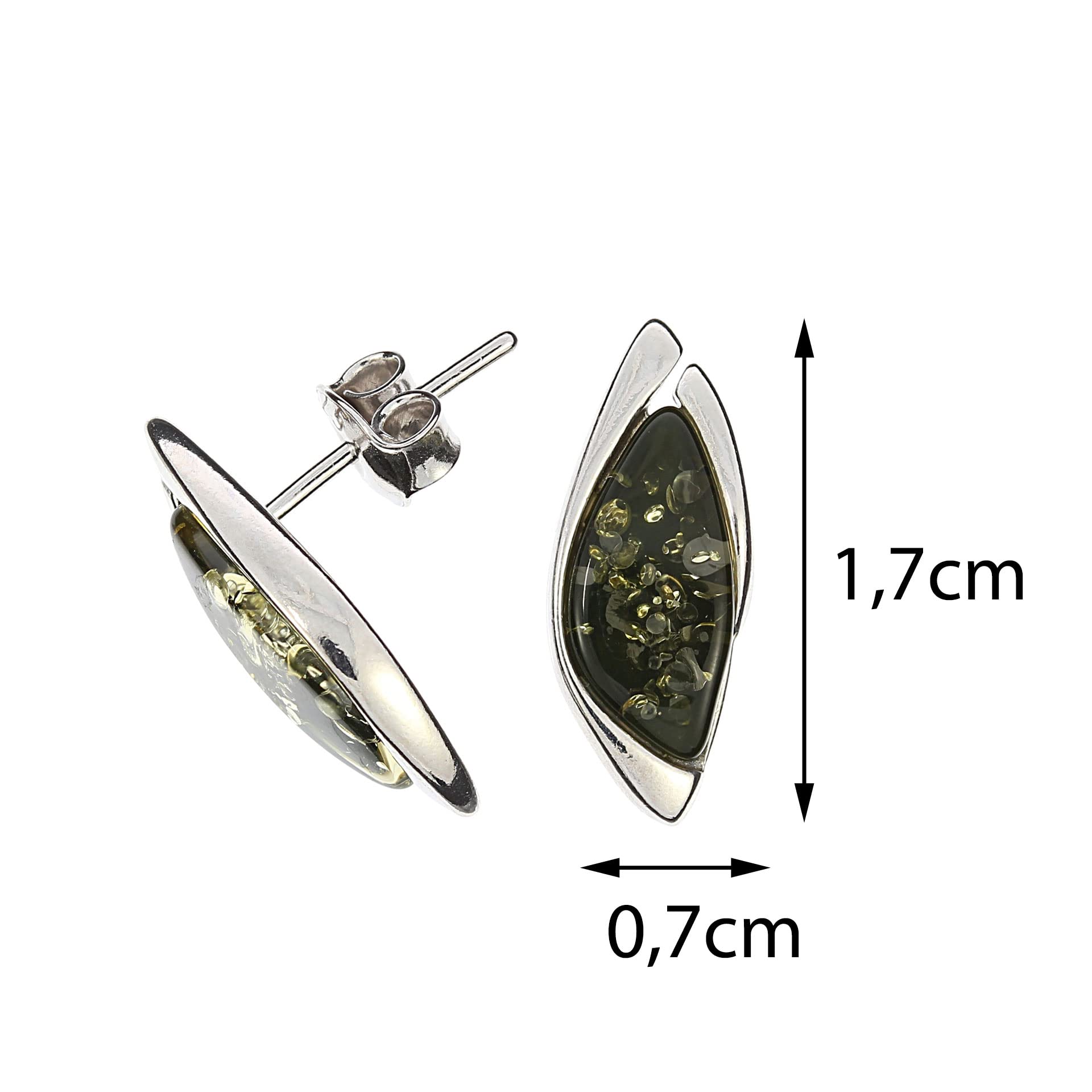 Bernstein Ohrringe, elegante grüne Ohrstecker mit Bernstein, gefasst in 925/000 Sterling Silber rhodiniert von Artisana-Schmuck