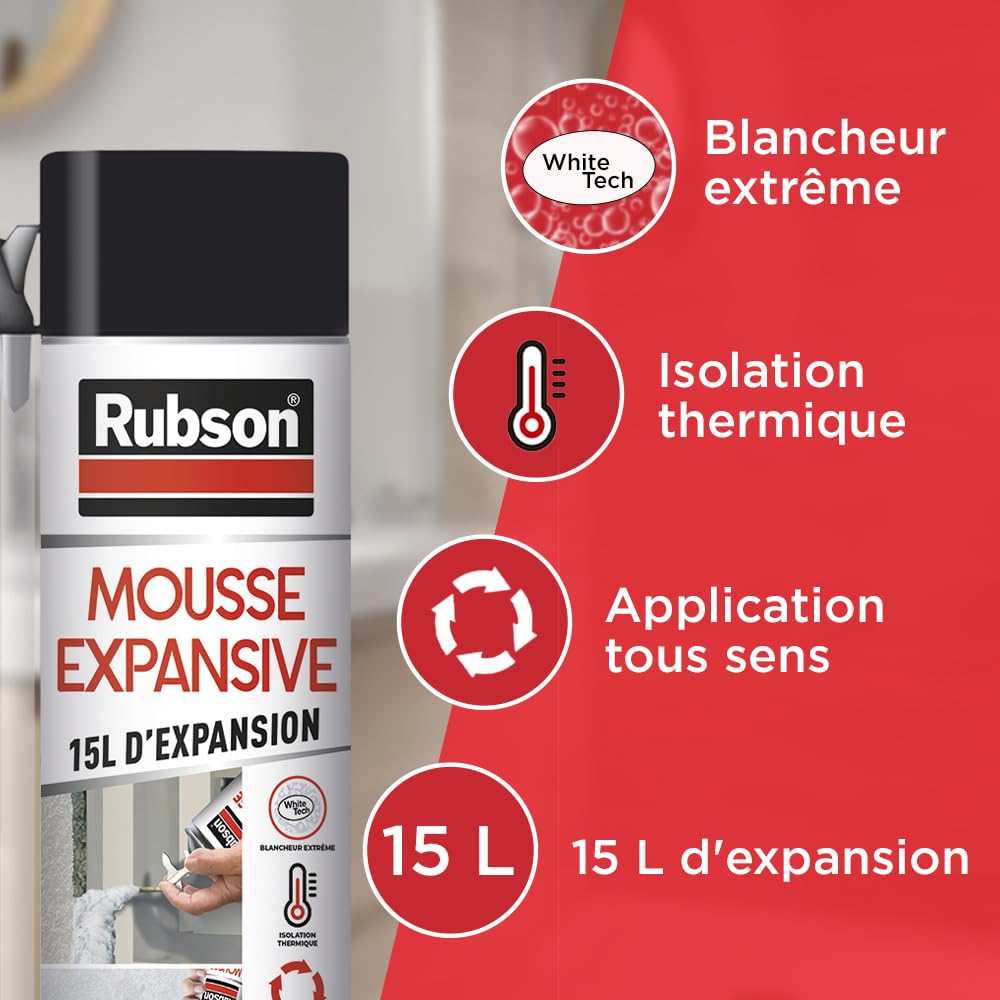 Rubson - Mousse Expansive Multi-Usages (Lot de 4x345 ml) Blanche – Mousse polyuréthane pour isolation, calage et rebouchage – 15 litres d'expansion