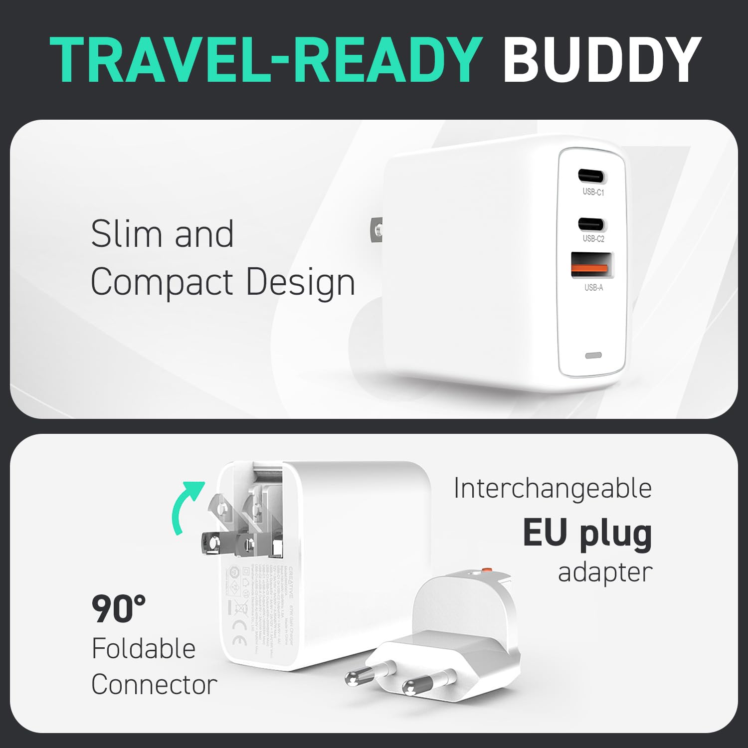 Creative 67 W GaN Charger 3-Port USB GaN Ładowarka ścienna z PPS, PD 3.0 i QC 4.0+ do telefonów i laptopów, w zestawie z wymienną wtyczką AC UE