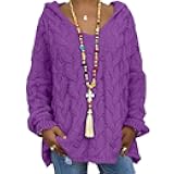 V-Neck Hooded Sweaters for Women Long Sleeve Pullover Cable Knit Chunky Sweater Fall Going Out Travel Jumper Tops