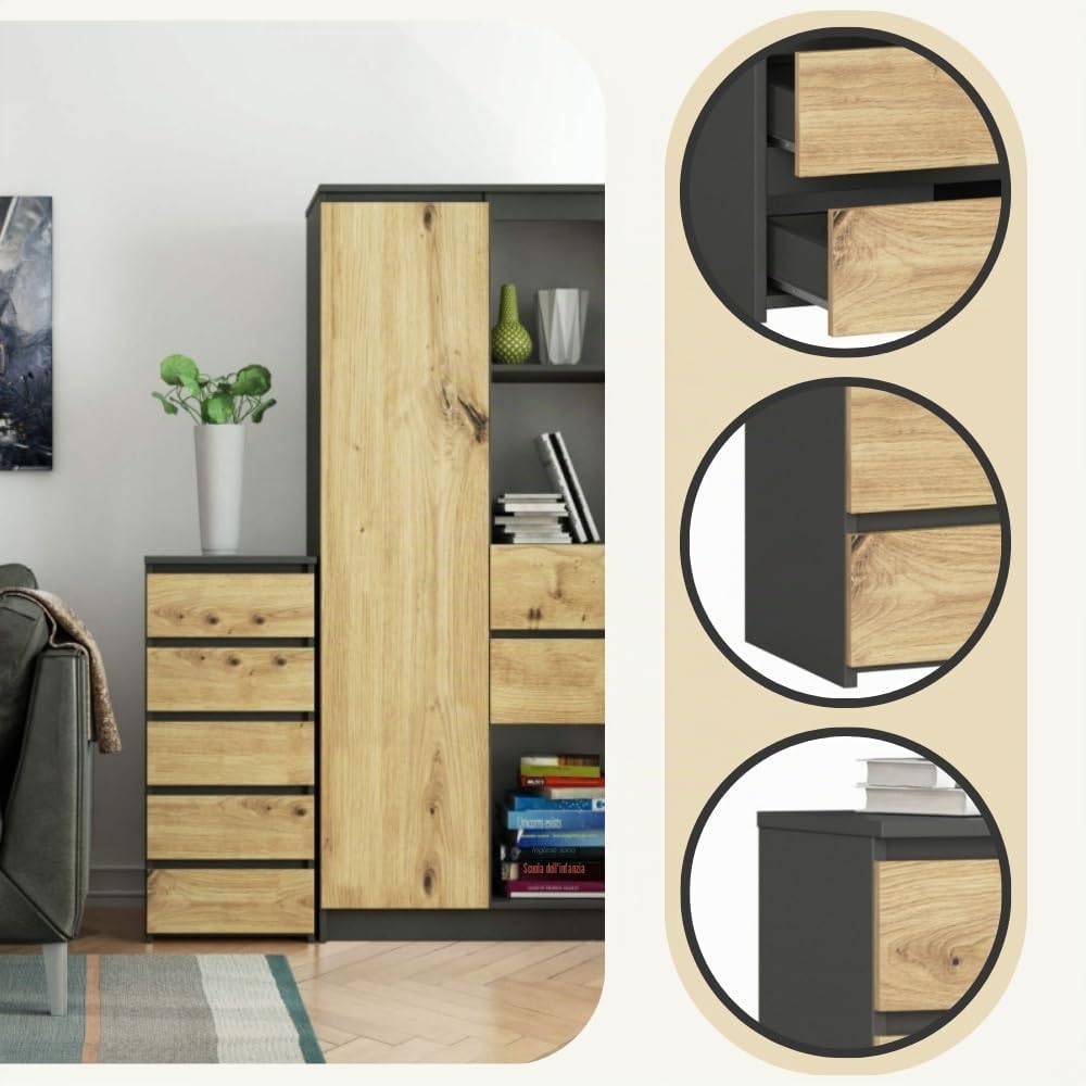 AKORD | Cassettiera a 5 Cassetti | Credenza Alta | Moderna Mobiletto per Soggiorno Sala da Pranzo Camera da Letto Corridoio Bagno | Armadio Cameretta | 35x40x92 cm | Grigio grafite |Rovere artigianale