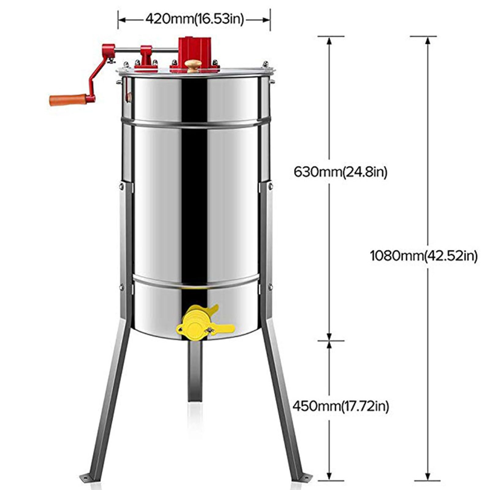 Estrattore di Miele, 3 Frame Manuale in Acciaio Inox estrattore, Smielatore Centrifuga con Coperchio Trasparente, Altezza 108cm(avec Support)