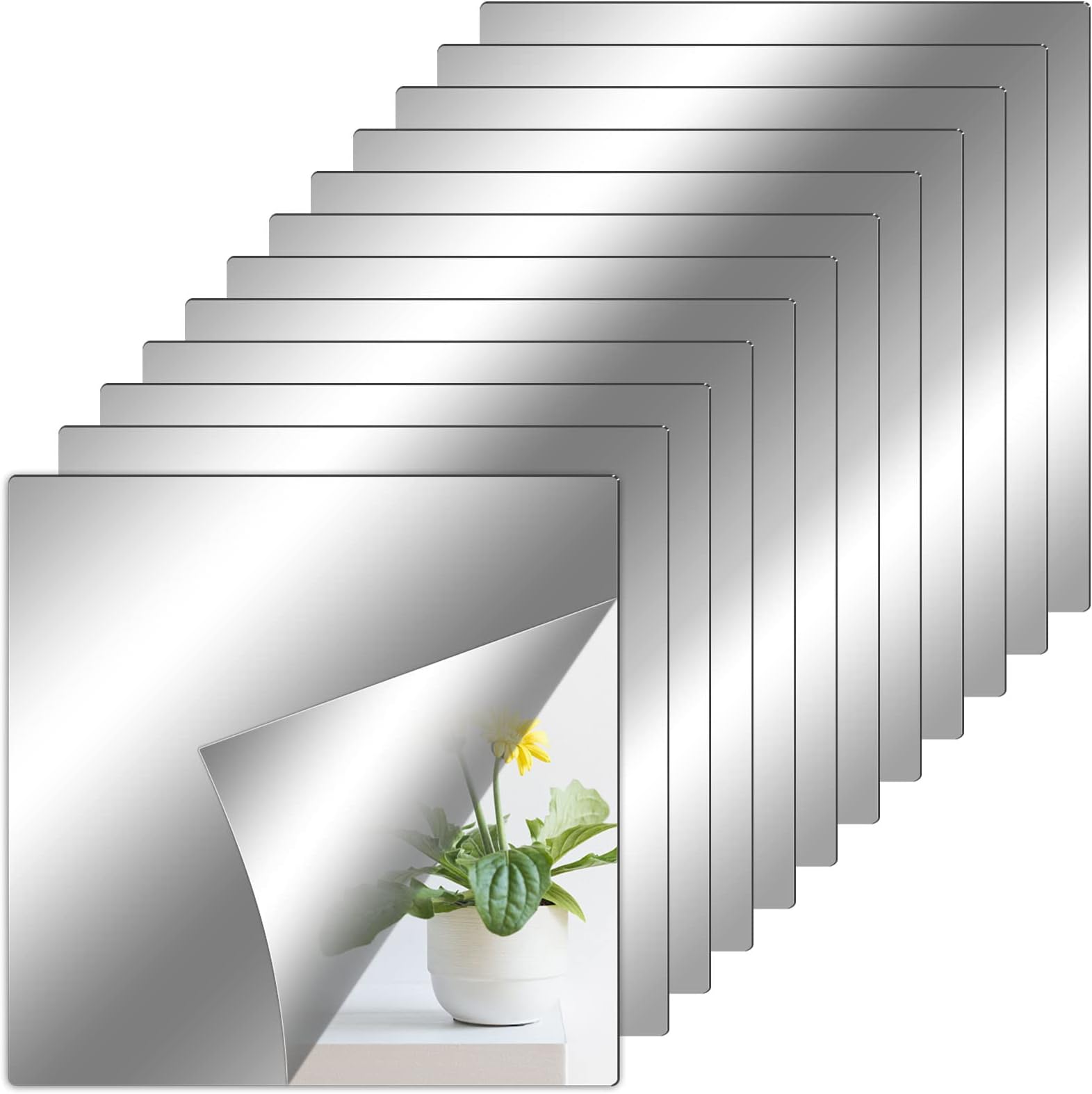 JUNEBRUSHSMirror Tiles, 12 Pack Self Adhesive Mirror 6 × 6 inch Stick on Mirrors for Walls Bathroom Mirror Stickers Removable Mirrors Sheets for Home Wall Decor
