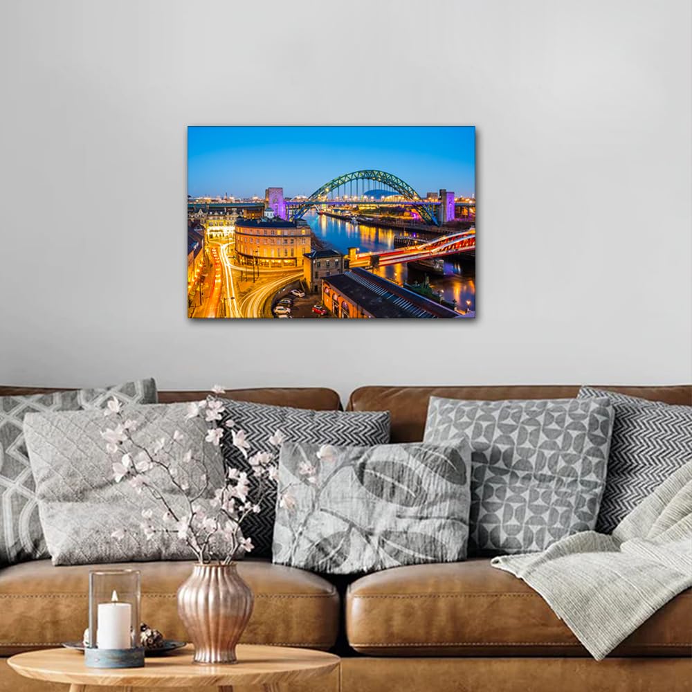 Newcastle Wall Art River Tyne Posters Prints on Canvas The Newcastle Bridge at the Evening Home Decor 1 Piece Wall Decoration for Living Room Framed Ready to Hang (16''Wx 24''H) - Image 2