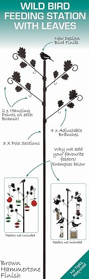 Wild Garden Bird Feeding Station With Leaves Design - Brown Hammertone Metal, Heavy Duty