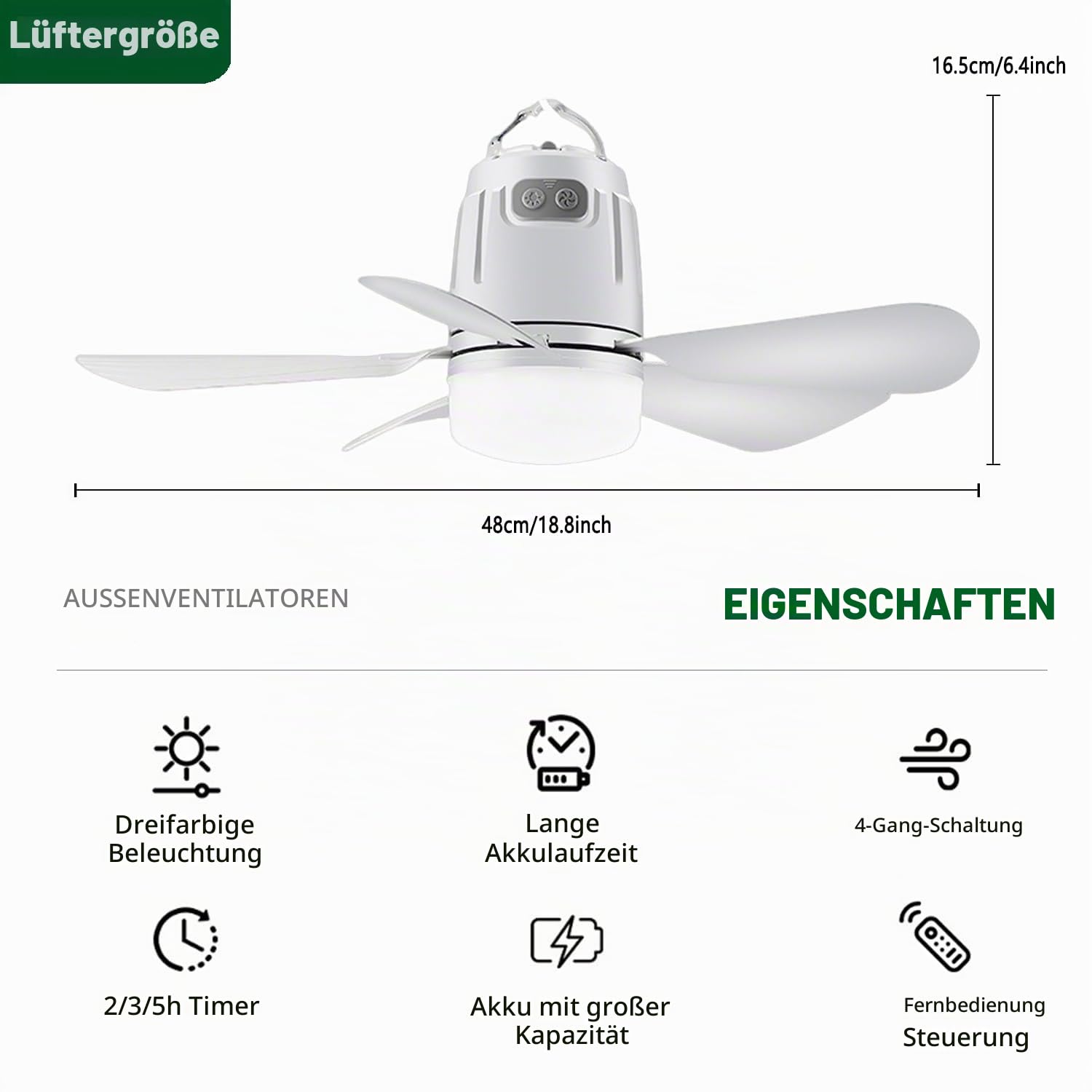 Solar Deckenventilator mit Beleuchtung Akku 20000mAh Ventilator mit Deckenleuchte LED Dimmbar Ventilatorlicht mit Fernbedienung Aufhängehaken Fan Deckenlampe für Terrasse Balkon Schirm Garten Outdoor