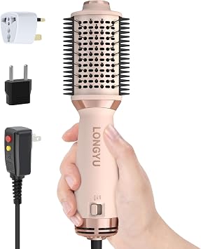 Longyu Travel Dual Voltage Hair Dryer Brush Mini Hot Air Brush with European Plug 110V-240V One Step Blow Dryer and Styler Volumizer for Home & Salon