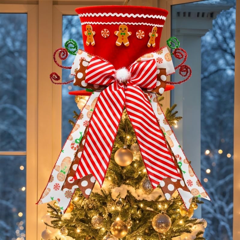 Gingerbread Christmas Decorations Indoor, Red Velvet Christmas Tree Top Hat with Gingerbread Man Motif, Baking-Themed Gingerbread Man Tree Tooper Hat Decor, Candy Cane Christmas Decorations
