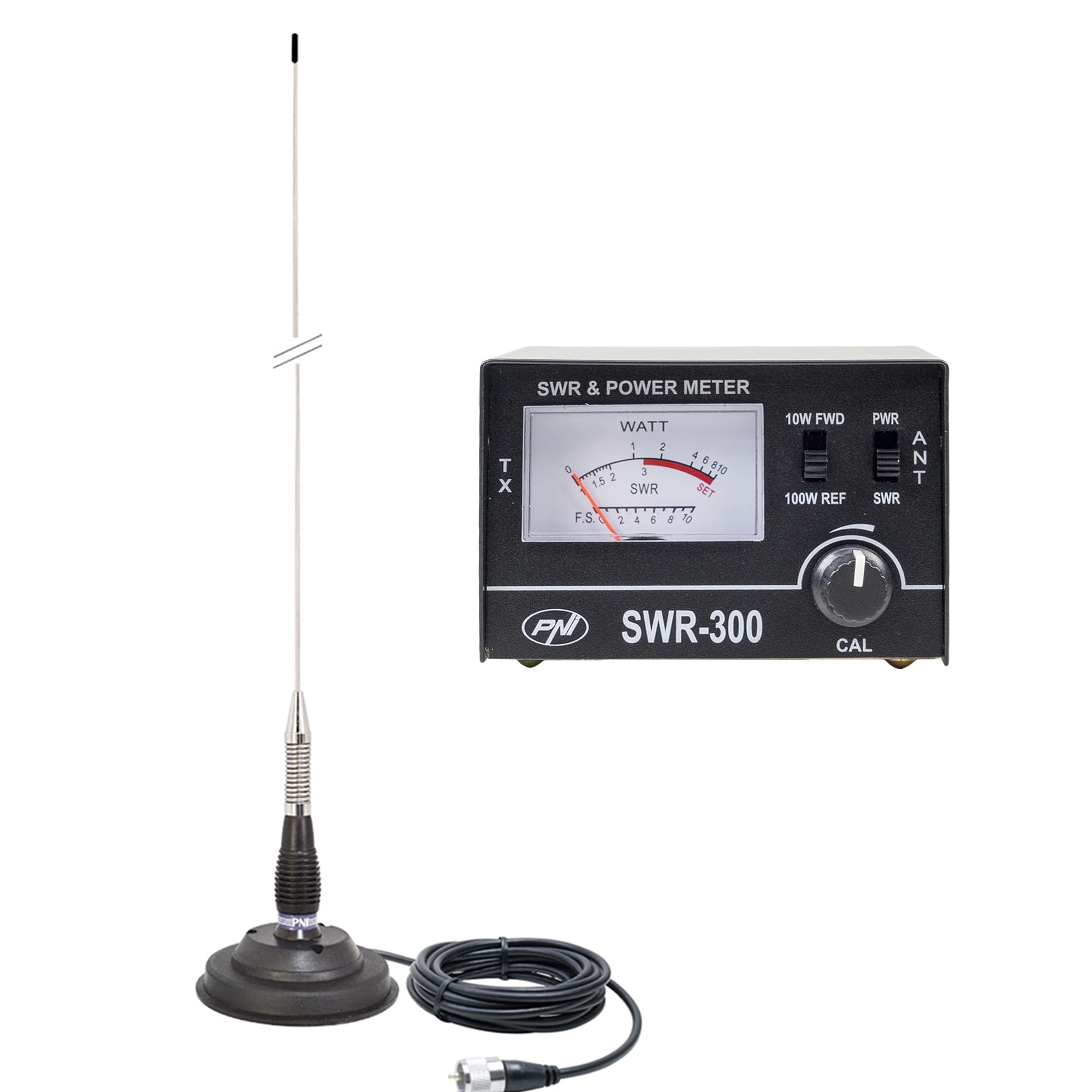 PNI ML100 Antenna CB 100 cm, magnete 125 mm e riflettore PNI SWR-300 per misurazione SWR, nero