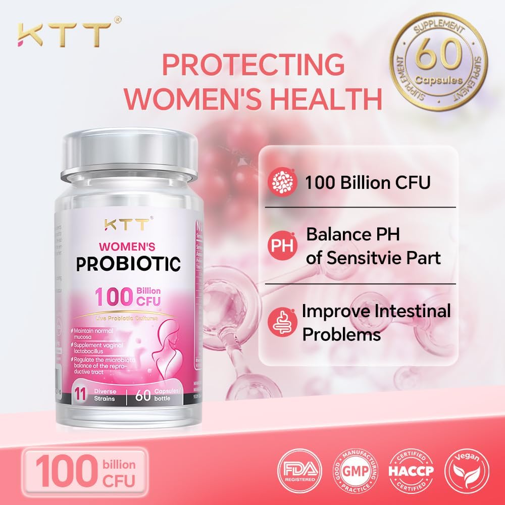 KTT Probiotics for Women Vaginal Probiotics, 100 Billion CFU, 11 Strains, 2pack 120 Capsules, Shelf Stable, Delayed Release, Non-GMO, Gluten Free, Lactobacillus Blend for Feminine Balance & Gut Health