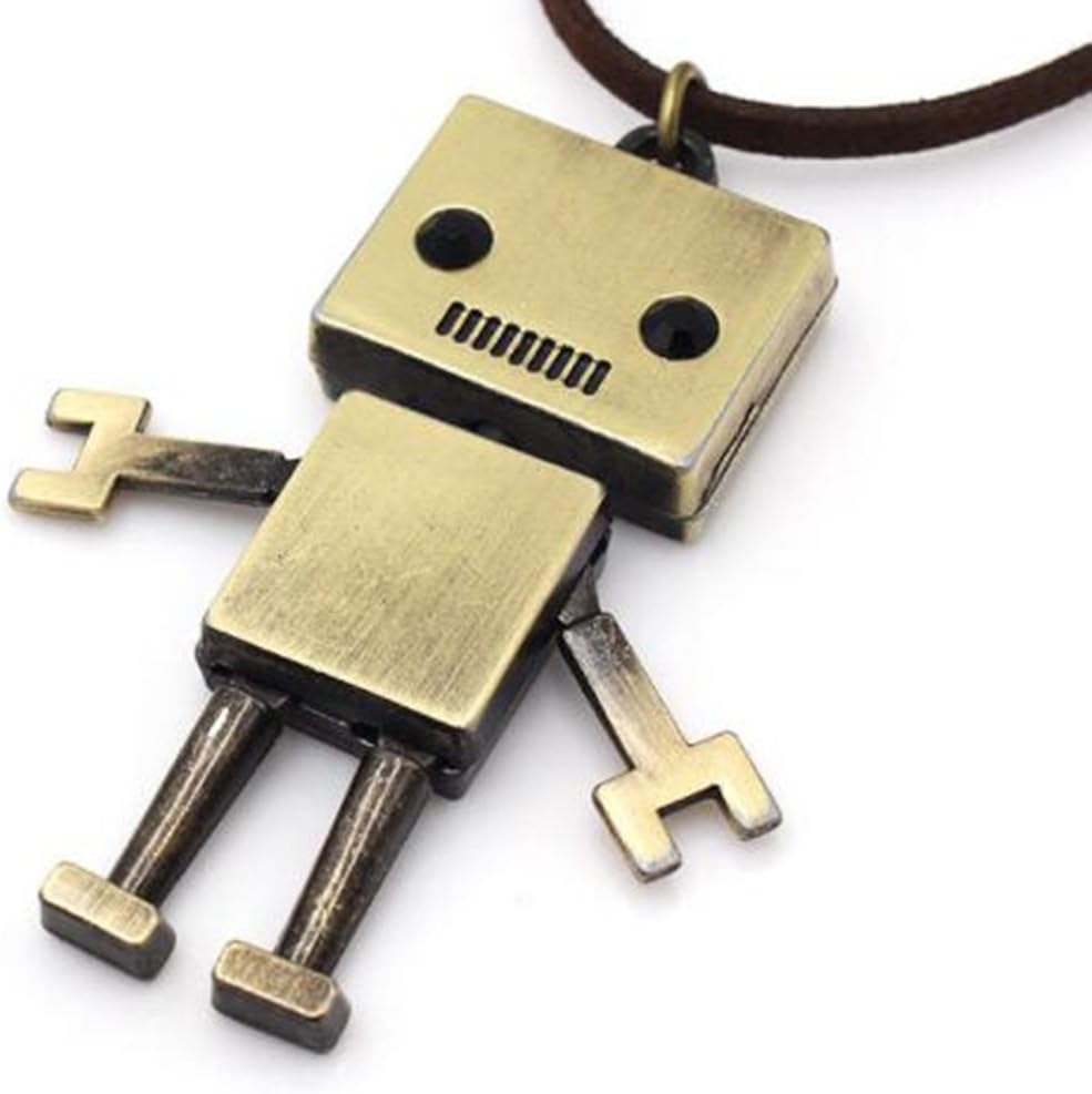 Bronze Robot Charm Pendant Retro Leather Chain Cord Statement Necklace Adjustable