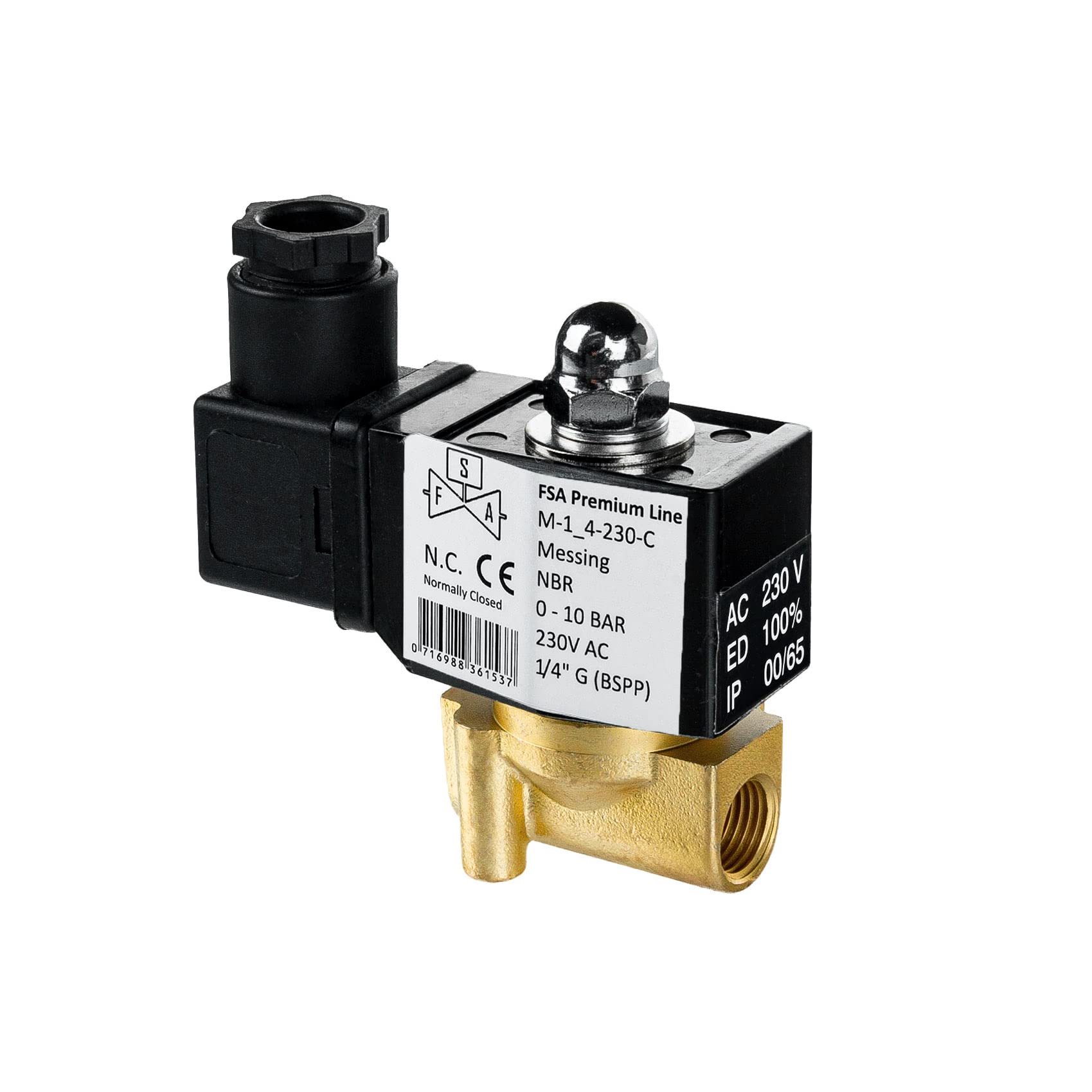 FSA 1/4" Brass Solenoid Valve – 230V AC, 0-10 Bar, Normally Closed, NBR Seal