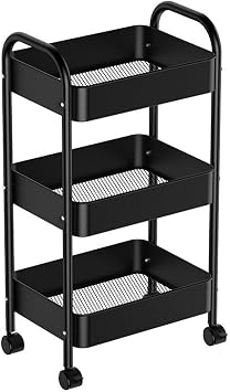 3-Tier Rolling Cart, 3-Tier Utility Cart, Metal Storage Organizer - Mobile Utility Cart with Caster Wheels, Storage Organizer for Rolling Office, Bathroom, Kitchen, Laundry Black 3 Tier