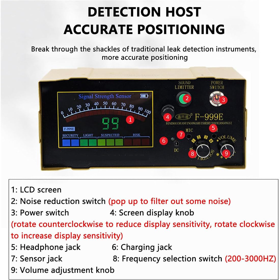 Sensor detector de fugas de agua, equipo de detección de fugas subterráneo con auriculares y pantalla LCD multifrecuencia ajustable