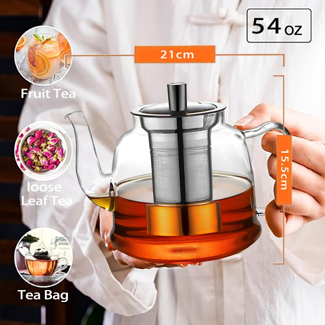 1600ML Teekanne Glas mit Siebeinsatz, CMXING Teekanne mit herausnehmbarem Teesieb aus Edelstahl, Borosilikatglas Teeservice für Schwarzen Tee, Grüner Tee