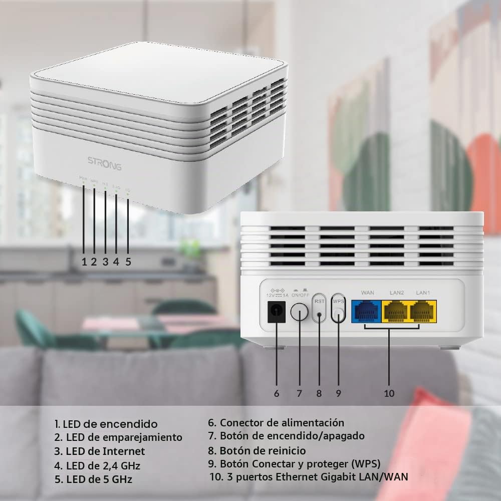 STRONG - Kit WiFi Mesh - Atria AX3000 Mbps - hasta 525 m² de Cobertura WiFi 6 Adicional - Compatible con Cualquier Box y Router Estándar - Doble Banda 2,4 GHz + 5 GHz - 3 Puertos Ethernet - Blanco