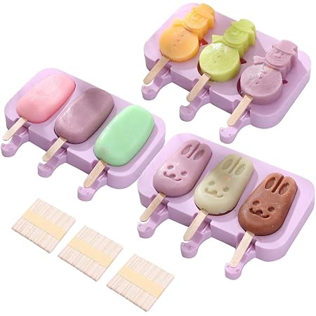 Amazon Eex アイスキャンディー 型 シリコン アイス型 製氷皿 かわいい 3本 蓋付き 木製のスティック 150枚付属 3組セット Eex 製氷皿