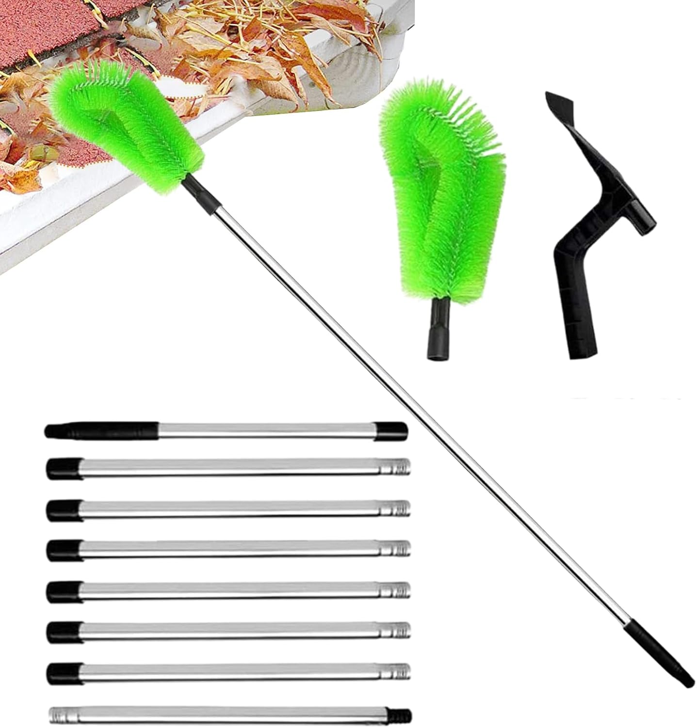 Gutter Cleaning Tool - Telescopic Reach Extender, Handheld Debris Removal System with Sturdy Brush Head, Lightweight Adjustable Pole, Ideal for Home Garden Farmhouse Yard Maintenance Cleaning