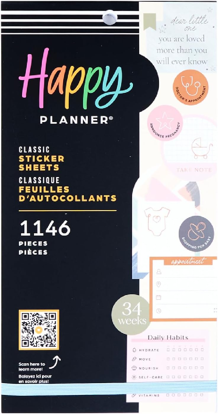 Happy Planner 30-Sheet Sticker Pack for New and Expecting Moms, Classic Size, Baby on The Way Theme
