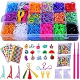 PENGXUAN Rainbow Color Rubber Loom Bands Refills Kit Set Storage Box For Kids Party DIY Crafting Bracelets Toys Gifts -Including 5800 Pcs Rubber Loom Bands 300 Pcs Slips 100 Beads 15 Charms and More