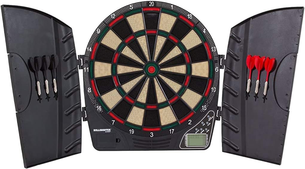 Bullshooter Reactor Electronic Dartboard and Cabinet with LCD display, Cricket Scoring Displays, 8-Player Scoring, and More : Electronic Dartboard With Cabinet : Sports & Outdoors