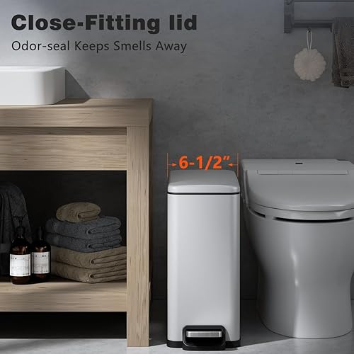 Miniatura 9 de Cubo de basura delgado para baño con tapa de cierre suave, cubo de basura de acero inoxidable de 1.6 galones con cubo interior extraíble, pedal