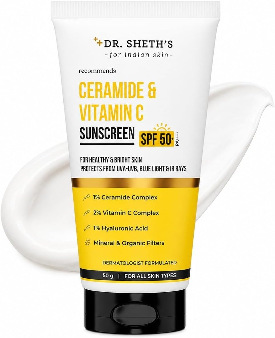 Ceramide & Vitamin C Sunscreen SPF 50+ PA++++ |In-Vivo Tested | For Healthy & Bright Skin | Lightweight & Non Greasy | For UVA/UVB & Blue Light & IR Protection | No white cast | For All Skin Types | For Men & Women | 80 g