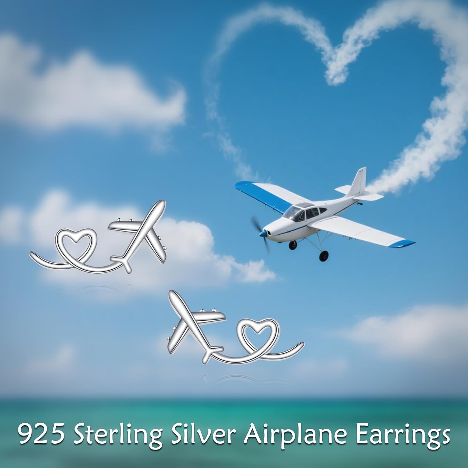URONE Airplane Earrings 925 Sterling Silver Heart Airplane Stud Earrings Aircraft Jewelry Gifts for Women Men - Image 6