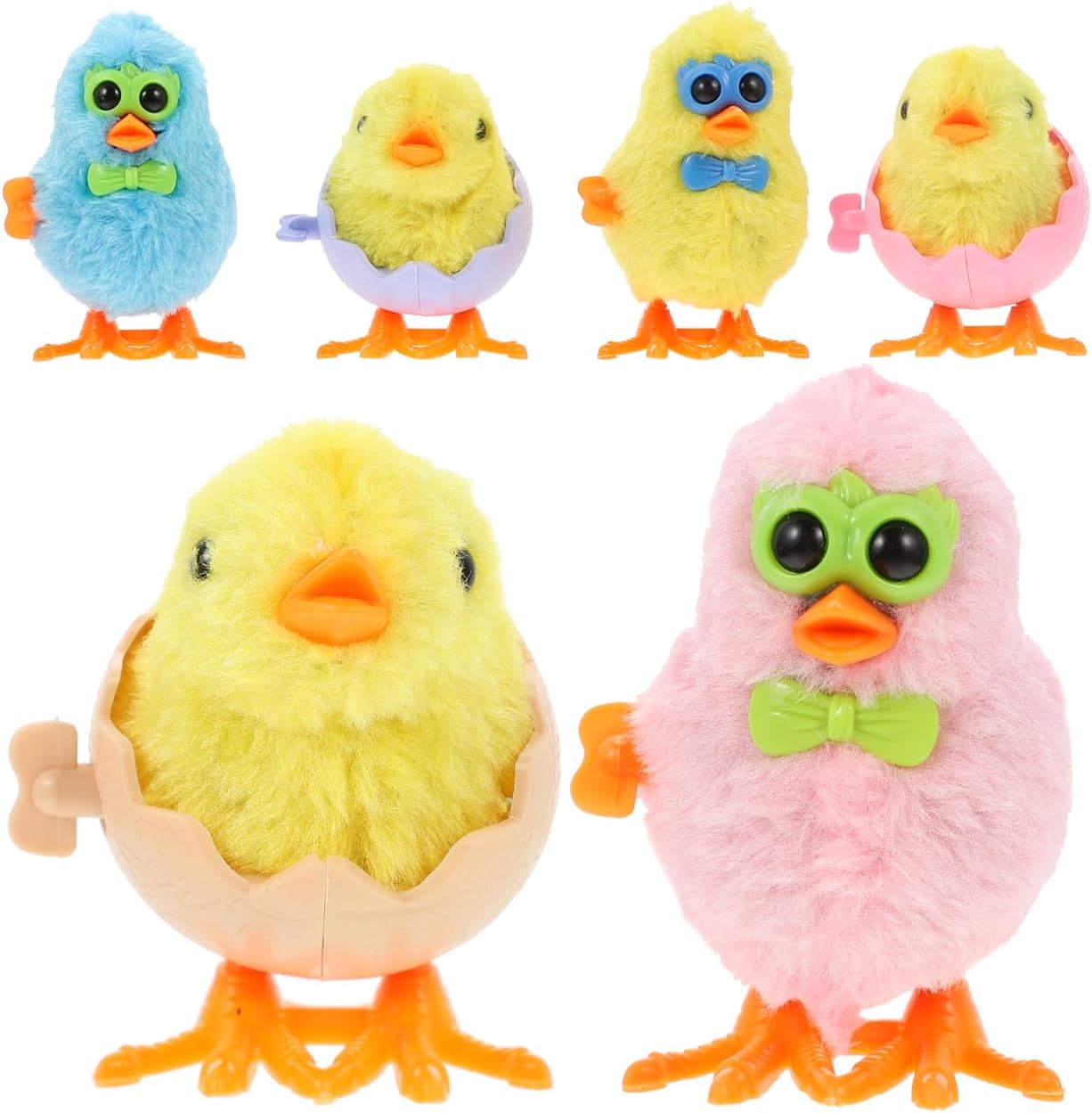 GLEAVI 6 Pcs Wind Up Hopping Chicks Toys, Plush Easter Chicken in Eggshells & Glasses Assortment, Novelty Mechanical Jumping Animal, Spring Basket Stuffers Party Favors Goodie Bag Fillers for Kids