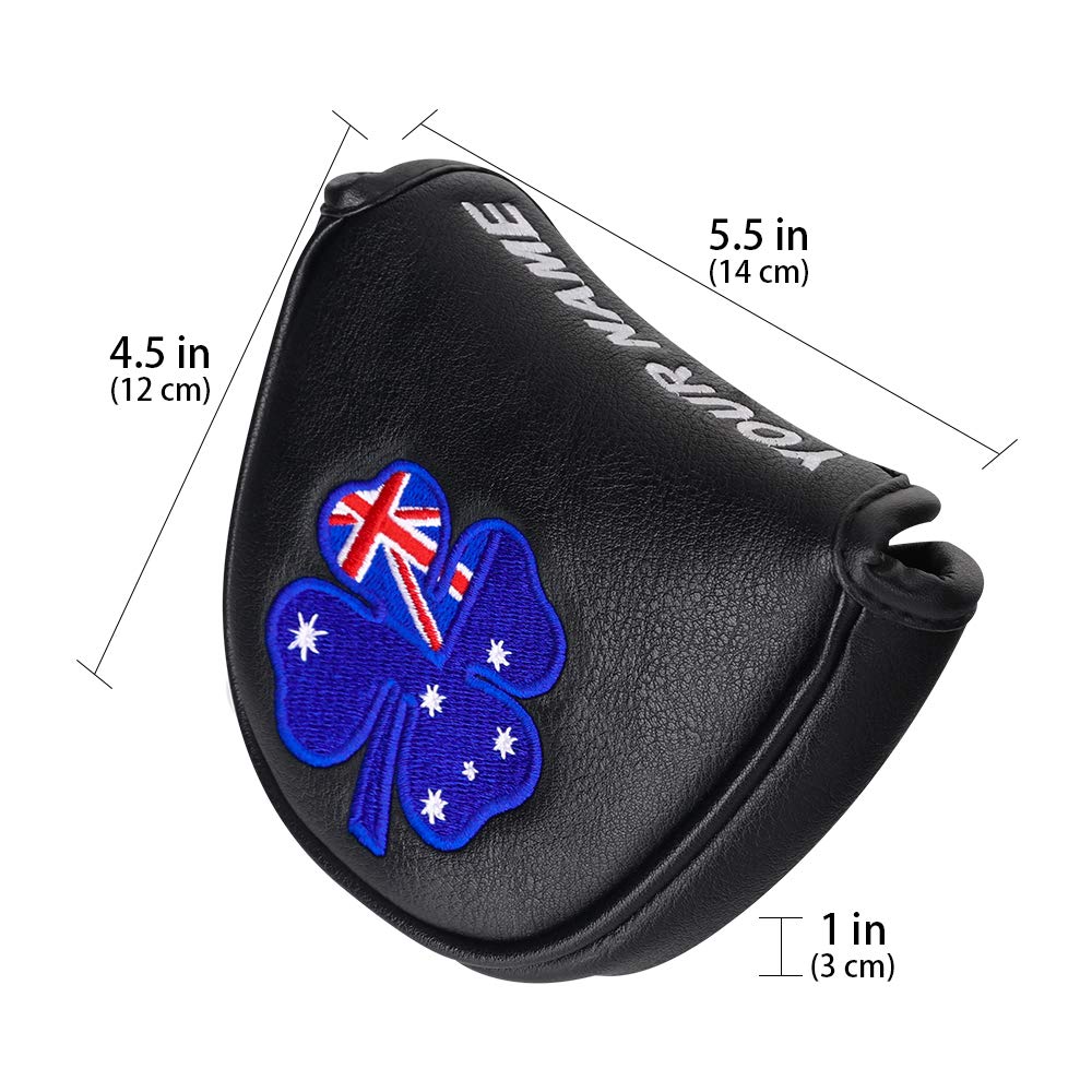 Craftsman Golf Clover Black Mallet Putter Cover Headcover Magnetic Closure Australia Flag Clover with Your Name Stitched (Australia)