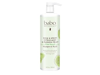 Babo Botanicals Swim & Sport Citrus Mint & Passion Fruit Shampoo & Wash - Purifying Cleanser for hair & body- Removes chlorine & sweat - For all ages - Scented with Citrus & Peppermint Essential Oils