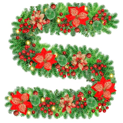 Ghirlanda Natalizia, 2.7M/9 Piedi Decorazioni Natalizie Ghirlande Natalizie con Luci 30LEDs, Festone Natalizio Artificiale per Esterno & Interno, Festoni Natalizi Addobbi Natale per Porta,Camini,Scale