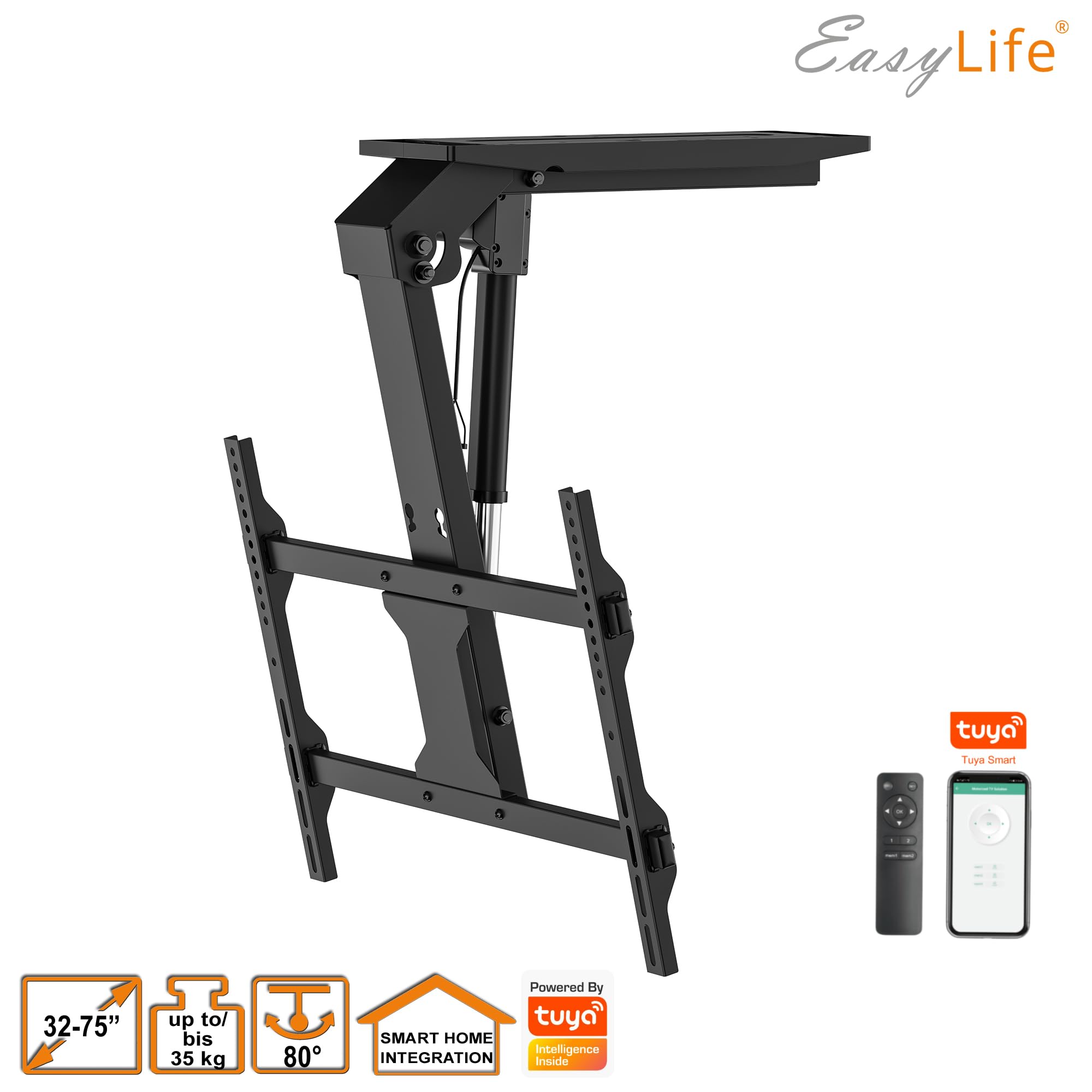 EasyLife - Uchwyt sufitowy do telewizora V2 Smart Home, elektrycznie wychylny, integracja Smart Home, od 37 do 75 cali, uchwyt VESA do 600 x 400 cm, do telewizorów LCD/OLED, monitora, wyświetlacza