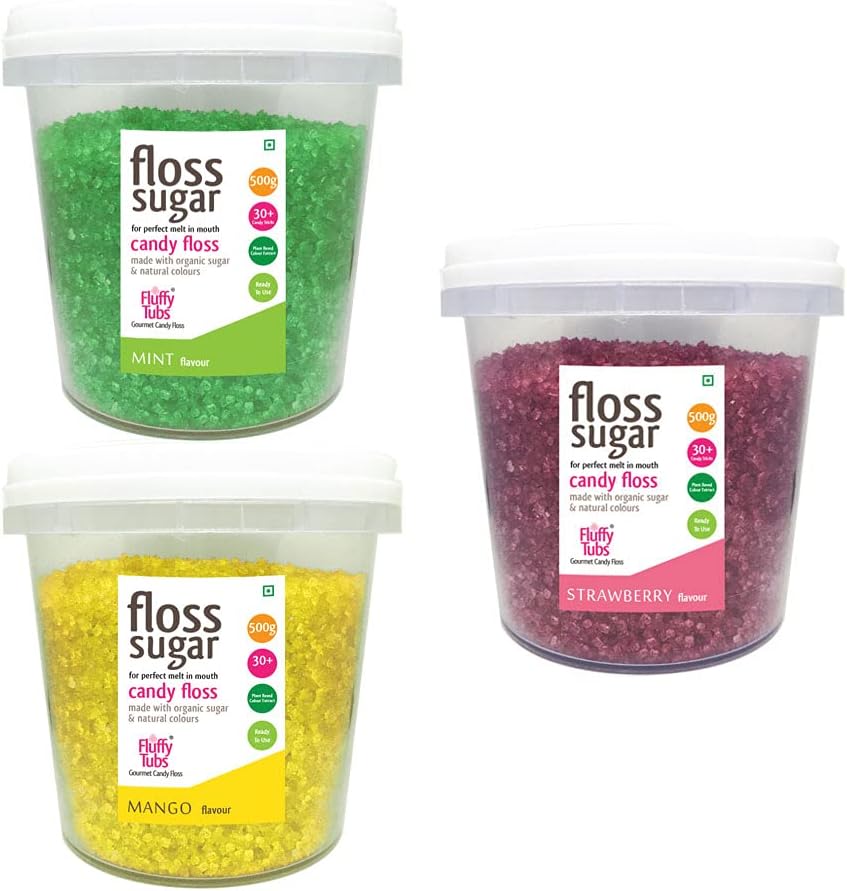 Candy Floss Sugar/Cotton Candy Sugar/Flavoured Sugar Mint, Mango, Strawberry Flavour 500gms x 3 (Organic Sugar & Natural Colours)