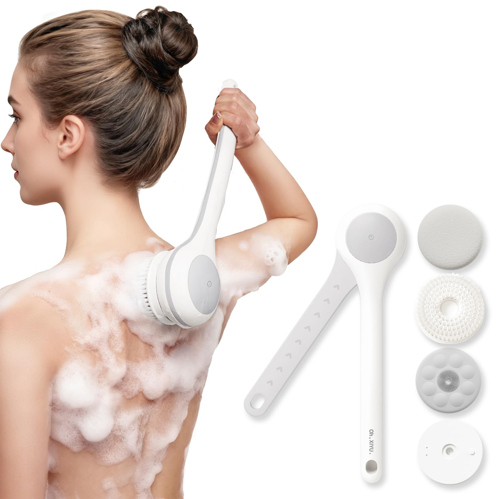 Electric Body Brush Back Scrubber for Shower, Waterproof Long Dual Handle Power Body Scrubber with 3 Heads, Rechargeable Bath Brush & 2 Speeds, for Cleansing, Exfoliating and Massaging Skin