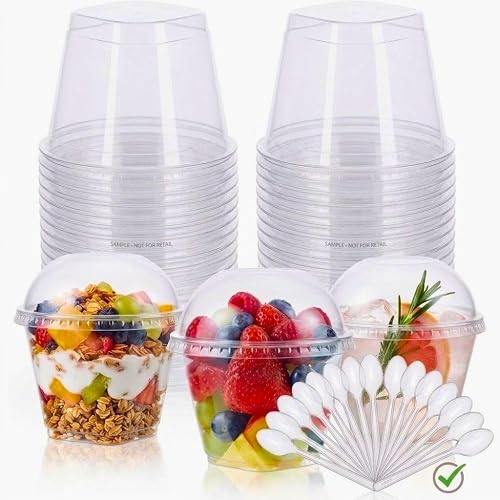 25Pcs Plastic Dessert Cups with Dome Lids & Spoons – 150ml Clear Parfait Cups Reusable Serving Bowls for Pudding, Mousse, Party Desserts (8.5cm x 7cm)
