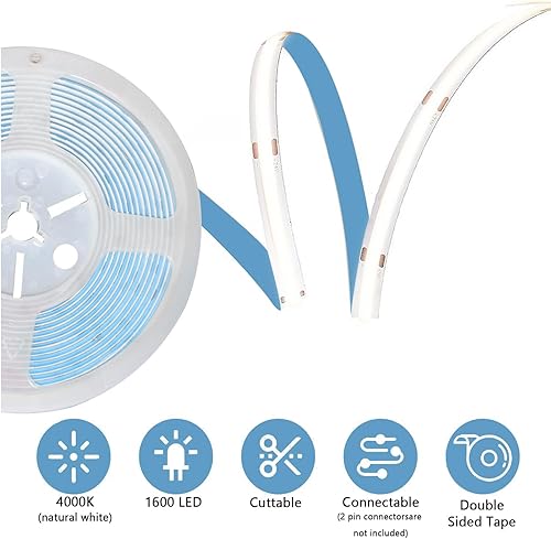 Miniatura 4 de dalattin Cob - Tira de luces LED de 24 V, 16.4 pies, 4000 K, color blanco natural, con control remoto y cinta de aplicación para dormitorio interior