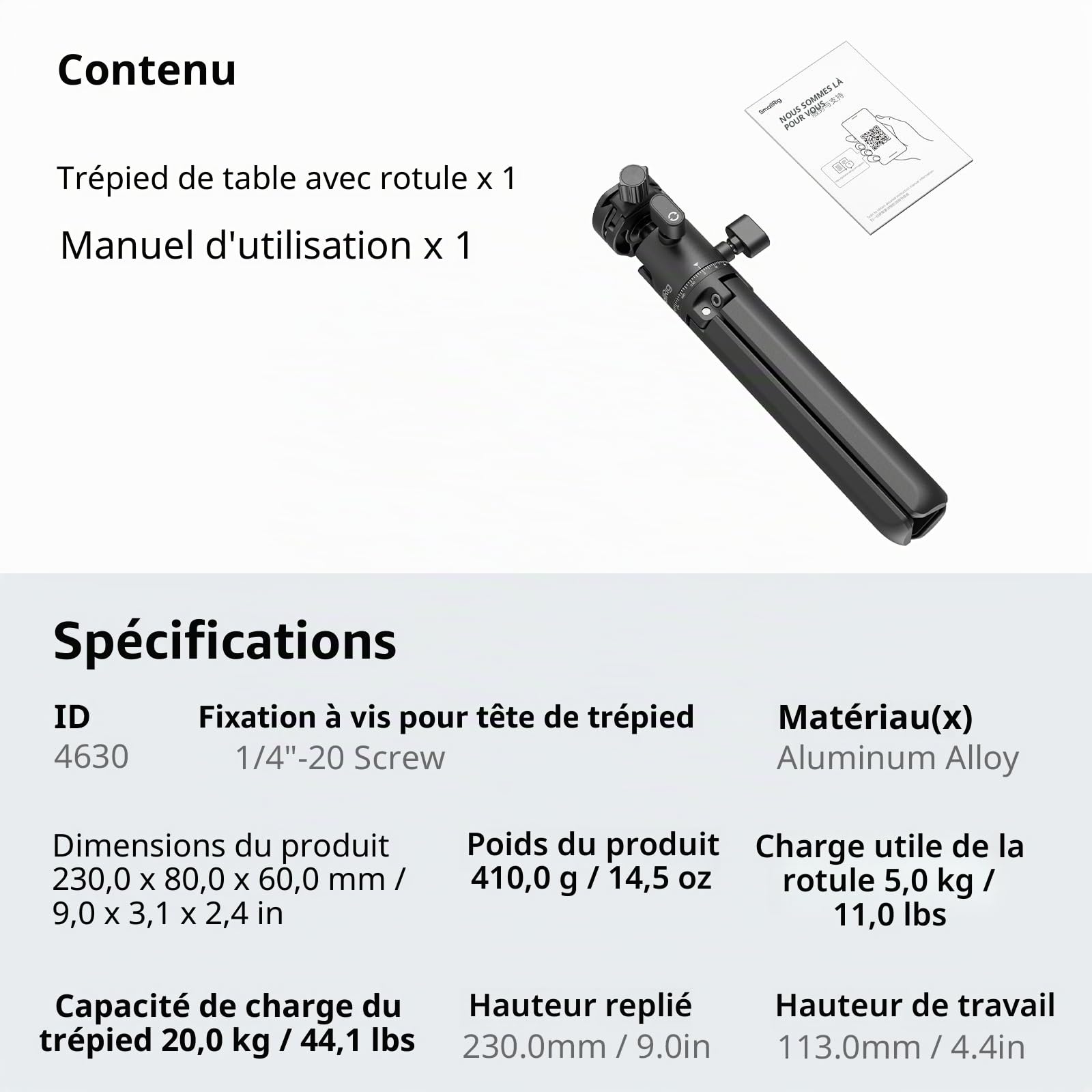 SMALLRIG Mini Trépied de Bureau Portable en Alliage d'Aluminium Compact avec Rotule à 360 °, Vis 1/4" et Plaque à Dégagement Rapide pour Reflex Numérique, Appareil Photo, Téléphone - 4630
