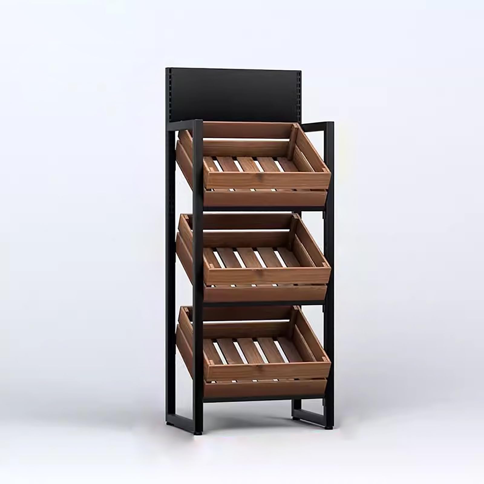 JYHHCYS Supermarket Fruit Display Holder - Adjustable 3 Tier Vegetable Produce Basket - Candy/Snack Organizer Stand with 3 Pcs Wooden Basket for Retail Stores - Easy to Assemble(Black,Walnut Case)