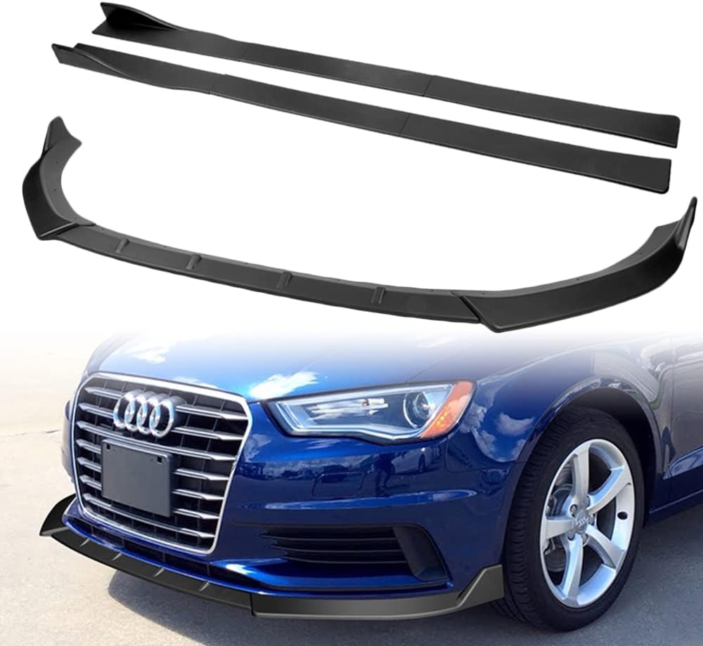 Q1-TECH, 9-Piece Front Bumper Lip & Side Skirt Extensions Diffuser Compatible with 2014 2015 2016 Audi A3, Front Bumper Lip Spoiler Air Chin Body Splitter ABS (Matt Black)