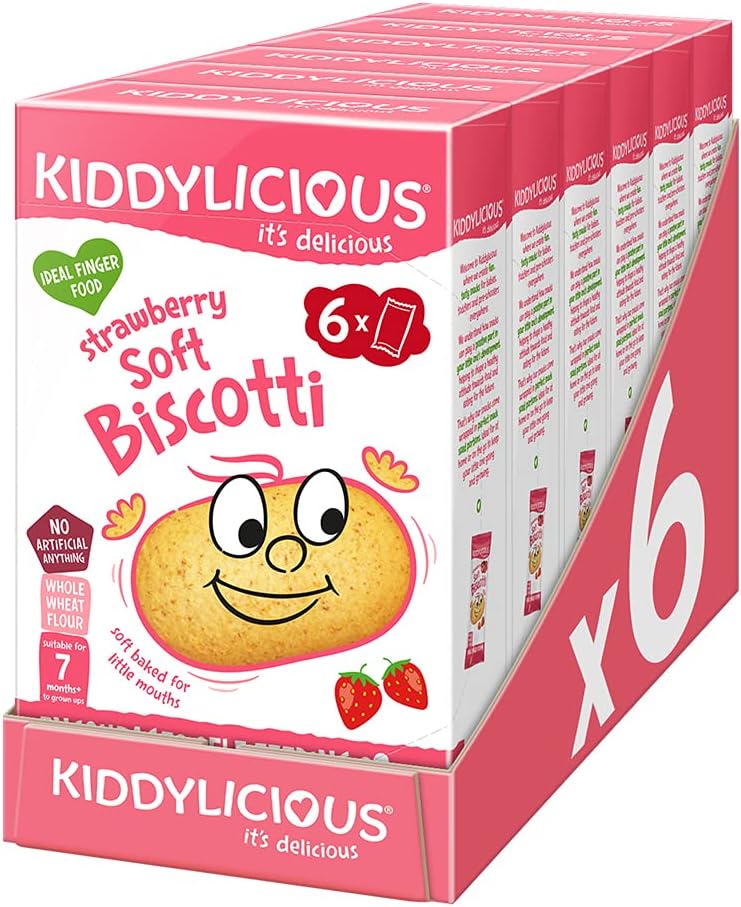 Kiddylicious Strawberry Biscotti | Yummy baked snacks for kids | Suitable for 7+ months | 6 packs of 6 (36 total)