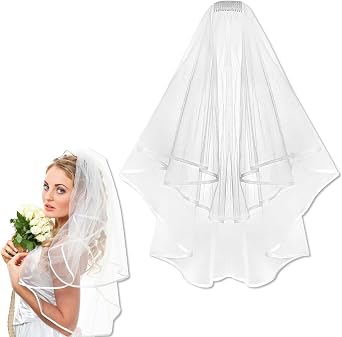 OBTANIM Bridal Veil White Double Ribbon Edge Wedding Veil with Comb for Wedding Bachelorette Party