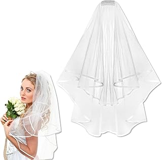 Bridal Veil White Double Ribbon Edge Wedding Veil with Comb for Wedding Bachelorette Party