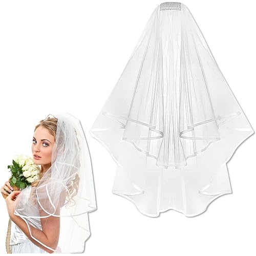 OBTANIM Bridal Veil White Double Ribbon Edge Wedding Veil with Comb for Wedding Bachelorette Party