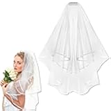 Bridal Veil White Double Ribbon Edge Wedding Veil with Comb for Wedding Bachelorette Party