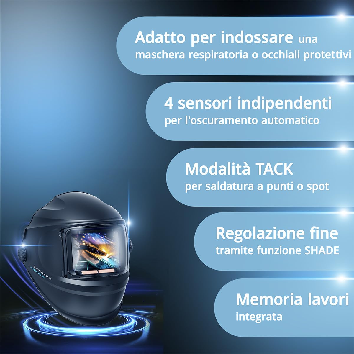 STAHLWERK Casco per saldatura automatico 3-in-1 BOOSTER – Casco con True-Colour, oscuramento DIN 4-13, memoria lavori, classe 1/1/1/2, campo visivo 116 x 81 mm