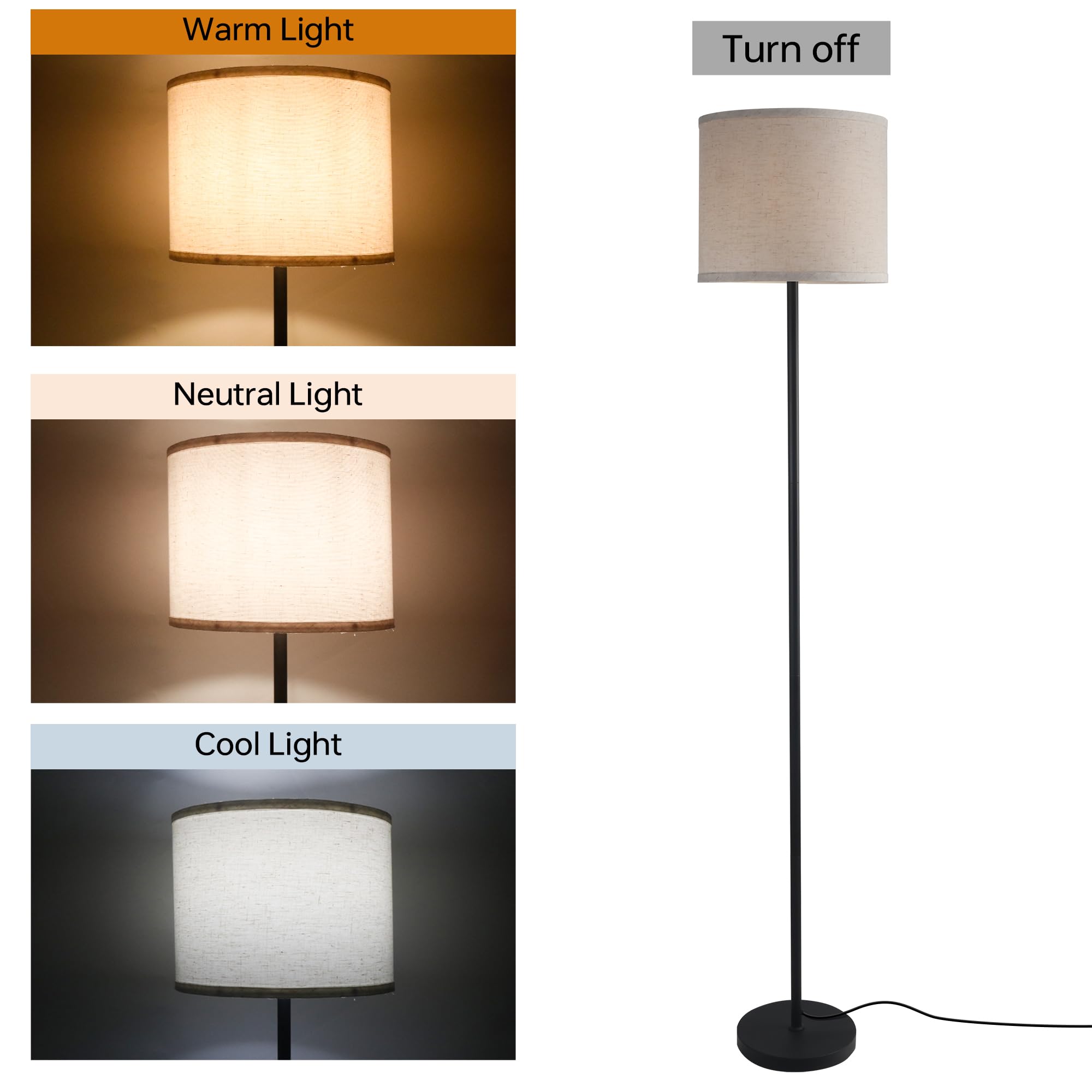 Lamparas de Pie Salon Modernas, Candeeiro de pé con Pantalla de Lino Beige, Pantalla de Tela, Casquillo E27, 160cm Lámpara Negra para Dormitorio, Salón, Oficina