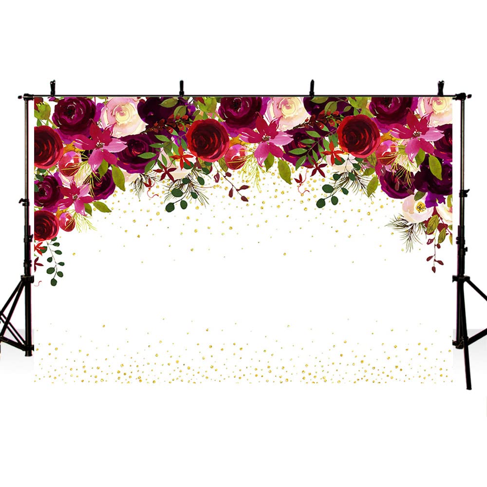Fotohintergrund 2,1x1,5 M – Burgunderrot/rosa Blumen Mit Goldenen Punkten, Für Hochzeit, Geburtstag, Porträts