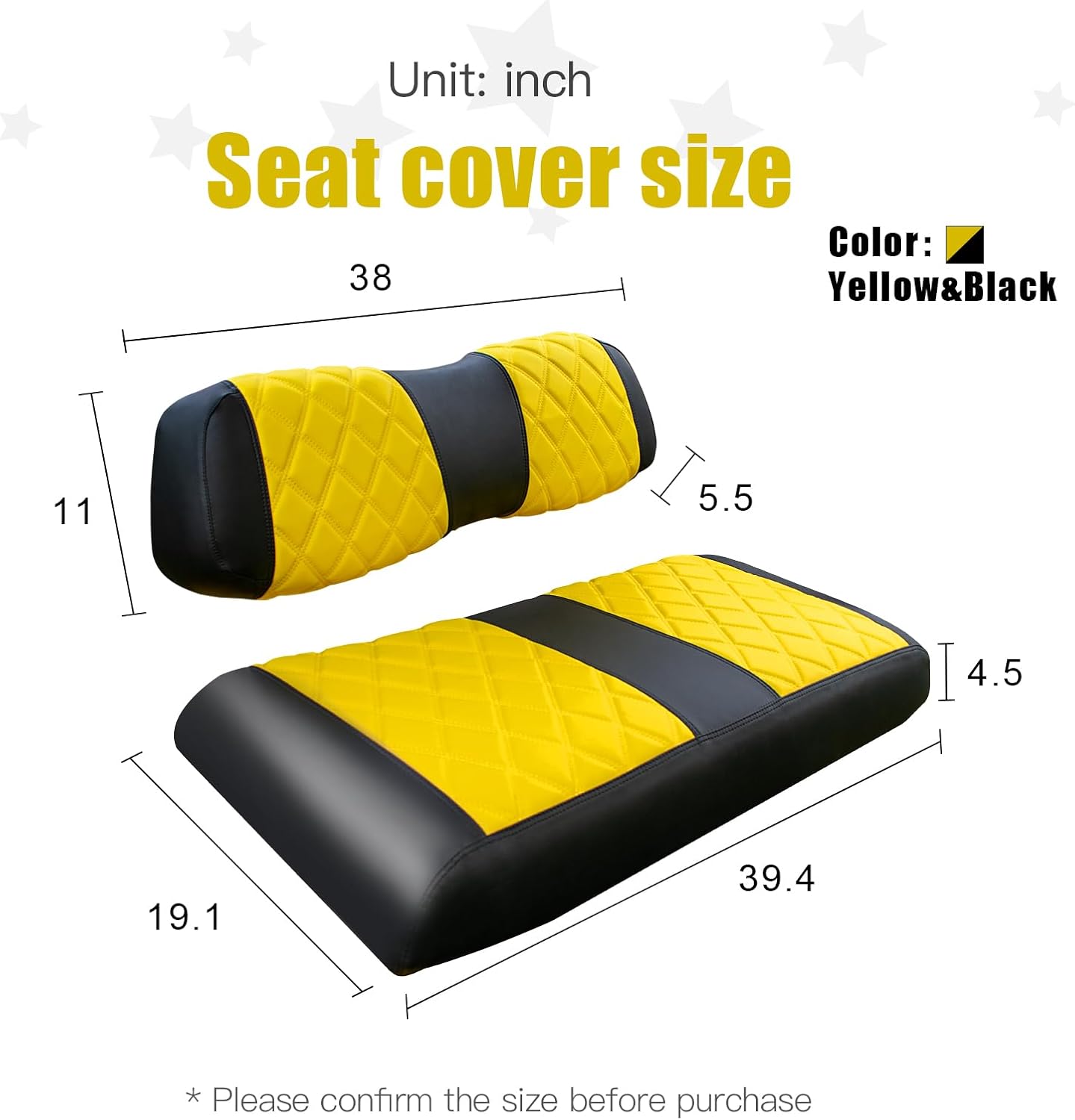 NOKINS Golf Cart Club Car DS 2000.5-Up Diamond Seat Covers Kit, Fits Club Car DS OEM Standard Front Seat Cushion, Golf Cart Vinyl Seat Cover, No Nails Required (Yellow and Black)