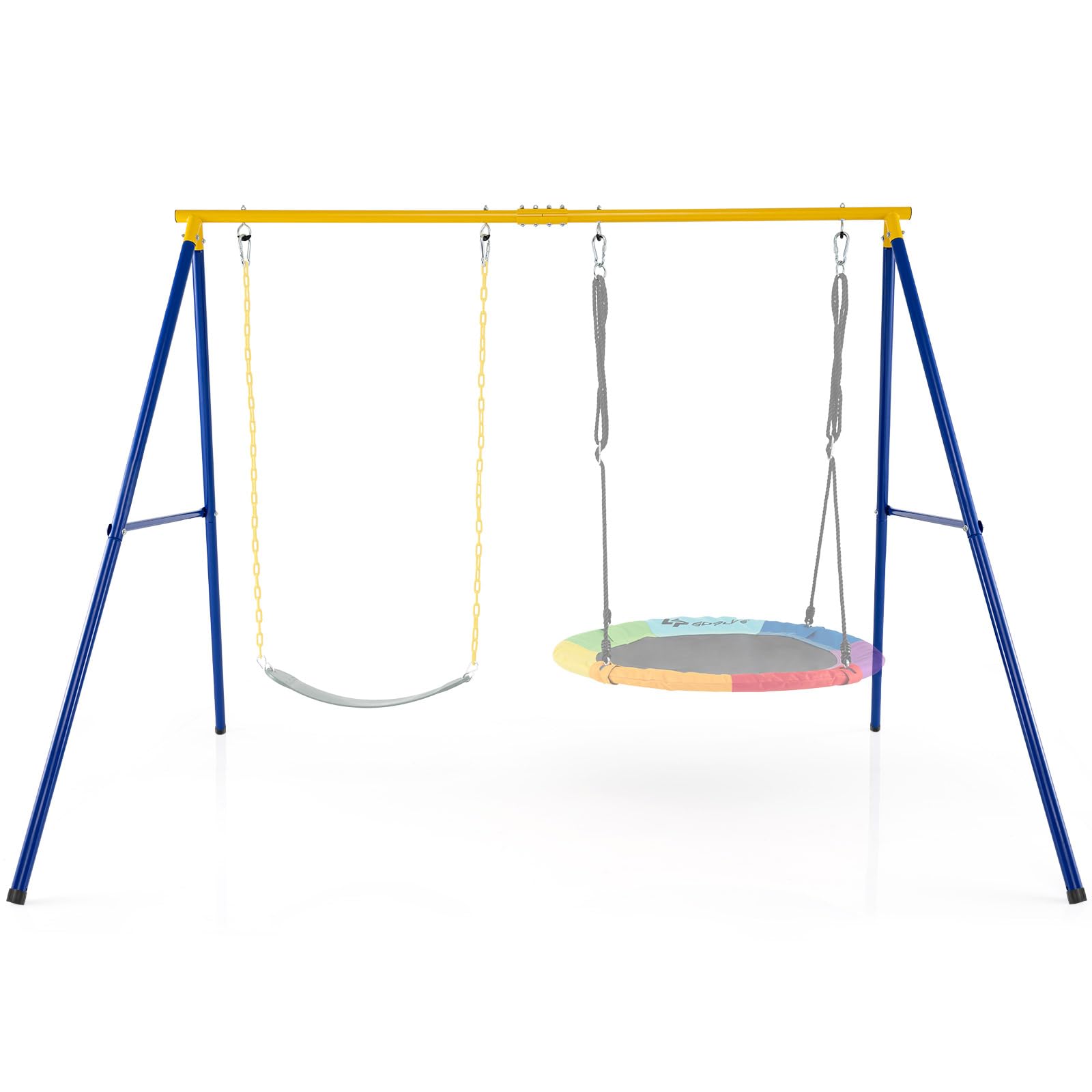 RELAX4LIFE Struttura per Altalena Doppia da Giardino con Portante 300kg, 2 Posti da Appendere, per Bambini e Adulti, Gioco Interno/Esterno, 4 Picchetti, Copripiedi e Moschettoni, Giallo e Blu